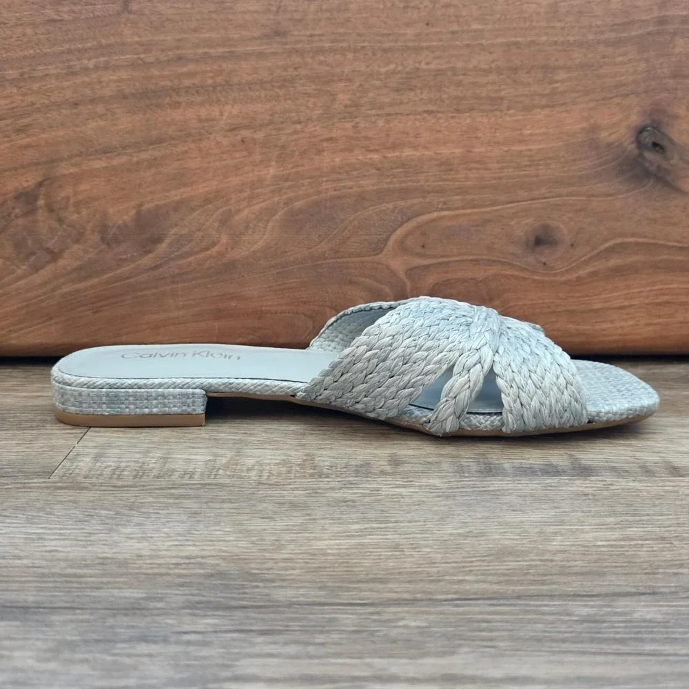 Calvin Klein Toukie Light Blue Woven Flat Slide Sandals Square Toe 8M